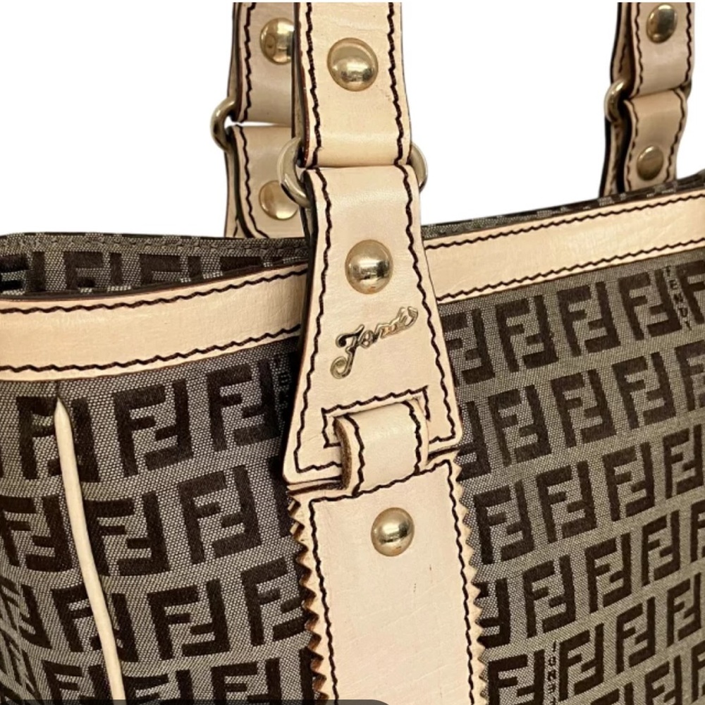 Fendi Zucchino FF Logo Canvas Tote with Cream Trim with dust bag